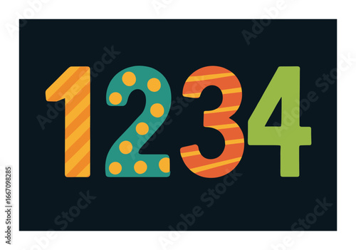 Colorful numeric design featuring creative patterns on numbers 1, 2, 3, and 4