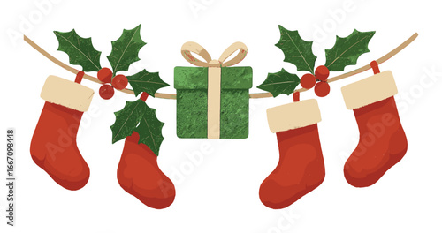 Festive christmas garland with holiday stockings, gift box, holly leaves, and berries