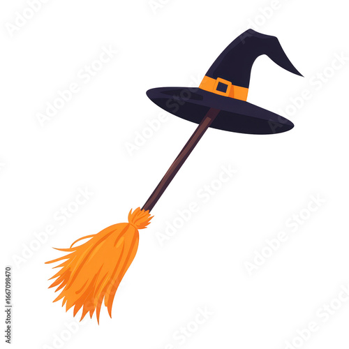 Witch's broomstick with a black hat and orange bristles