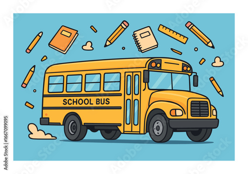 Yellow school bus with floating stationery on blue background