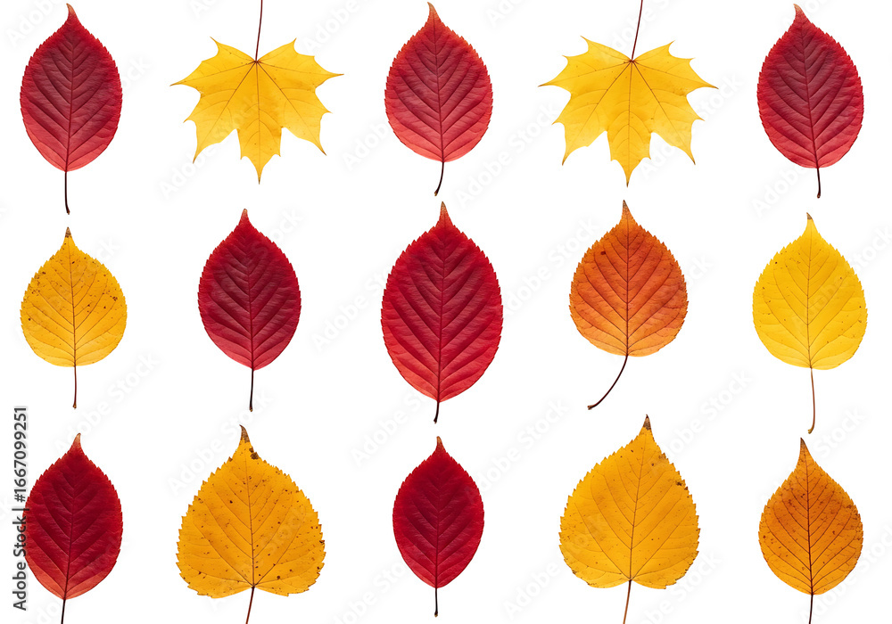 Obraz premium Vibrant autumn leaves in shades of red and gold, arranged in a symmetrical pattern against a dark backdrop.