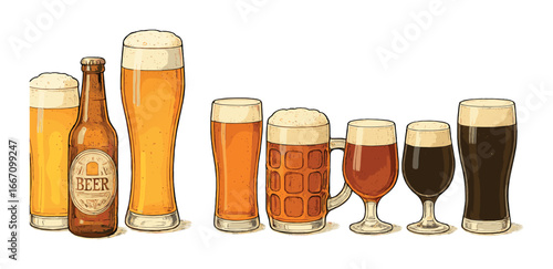 Variety of beer glasses featuring different brews and colors on a gradient background