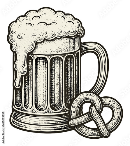 Vintage beer mug with pretzel - classic brewing and snack illustration
