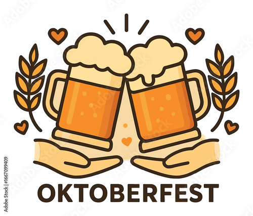 Oktoberfest celebration: two beer mugs cheers with wheat and hearts on orange background