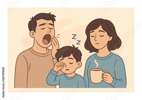 Sleepy caucasian family with tired adult couple and drowsy child in calm setting