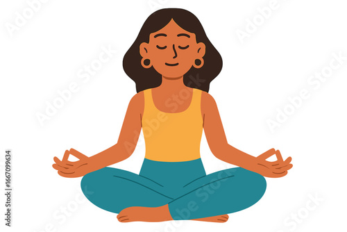 This vector illustration depicts a woman in a lotus pose, surrounded by distinctive curly hair, a bright yellow top, and teal pants, conveying a sense of mindfulness and relaxation