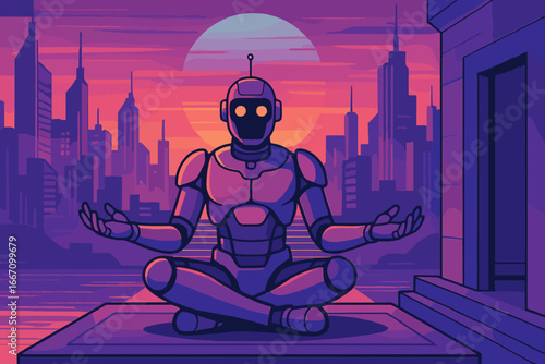 A futuristic cityscape serves as the backdrop for a modern robotic figure in a serene meditative pose