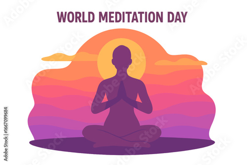 A tranquil scene unfolds as a serene figure sits in meditation beneath a warm sun, radiating peace and mindfulness on World Meditation Day