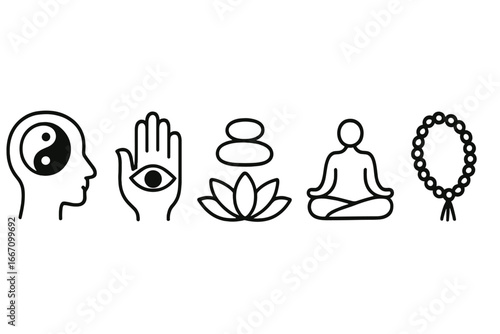 A collection of vector illustrations featuring thin line icons for meditation practice, mindfulness, and yoga on a white background