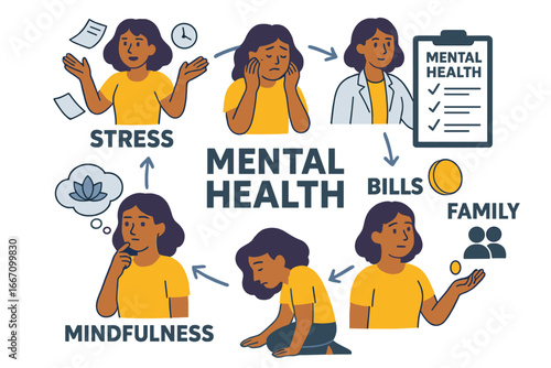 Mental health issues are depicted in a flat, illustrative style as emotional distress and psychological problems