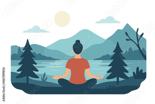 A serene woman sits in stillness beside a tranquil river, surrounded by a calming natural landscape