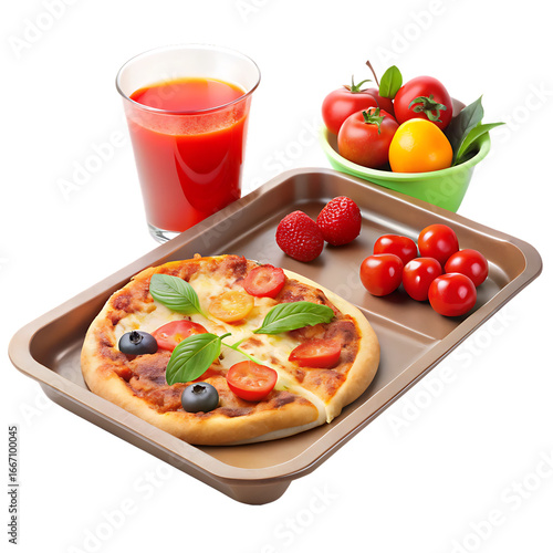Plastic Lunch Tray with Pizza and Fruit Cup Isolated on White