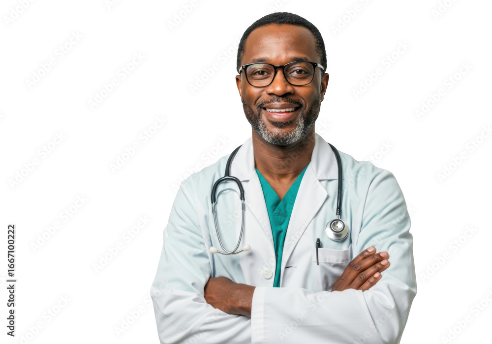 Fototapeta premium Smiling african american doctor wearing glasses and a white lab coat with a stethoscope isolated on transparent background