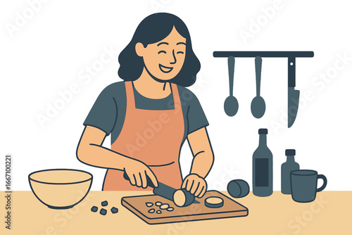 Family baking in the kitchen, cooking at home, preparing dough with rolling pin, learning to cook, roll out at the table vector cartoon illustration of rolling out the dough isolated