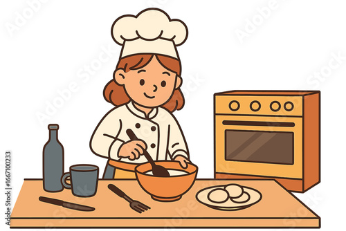 Adorable young girl preparing a meal in the kitchen, a child at home