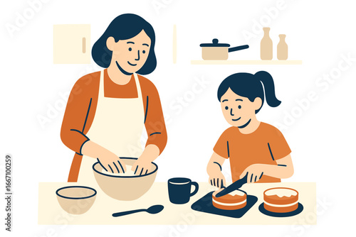 Vector illustration depicting a mother and daughter engaging in baking as a home activity together