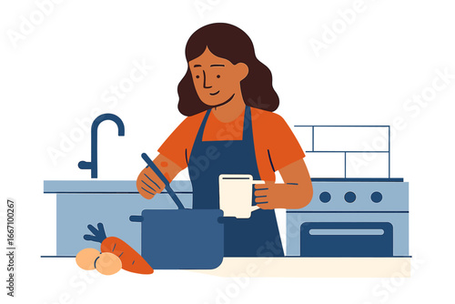 Prepare nutritious meals in the comfort of your own home, as depicted in a lifestyle vector illustration of a young woman cooking a homemade meal on the stove while holding a coffee cup