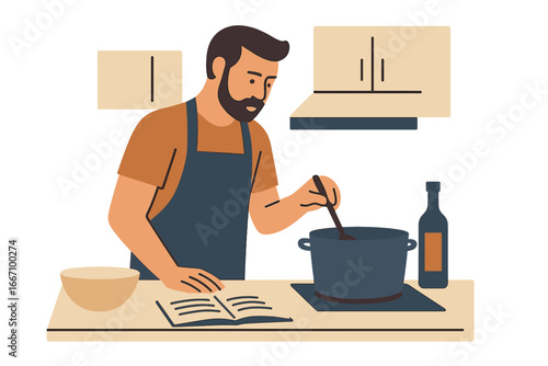 Stylish contemporary vector depiction of a youthful male preparing soup in a domestic setting, concentrating on a cookbook and inventive flair amidst a warm and inviting kitchen atmosphere