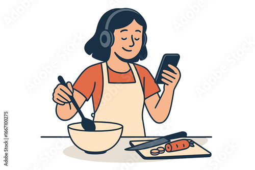 A cheerful young woman enjoys cooking in the kitchen while listening to music on her earphones, preparing a healthy salad at home wearing wireless headphones in a vector illustration