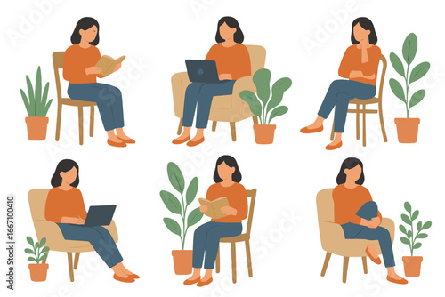 Vector illustration of people in their homes, rooms, or apartments, staying quarantined, practicing yoga, working, learning, meditating, relaxing, reading, baking, and pampering themselves