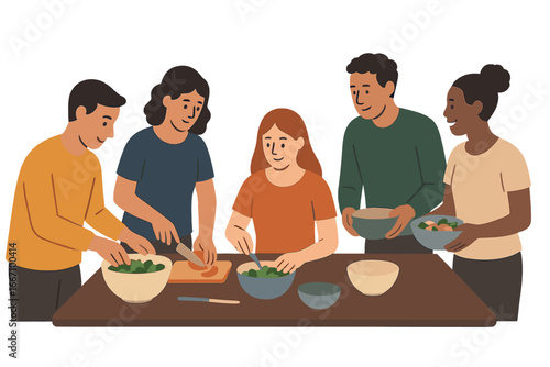 A smiling family, including father, mother, and children, are preparing homemade meals together in their kitchen, depicted in a flat cartoon vector illustration for a family meal recipes landing page