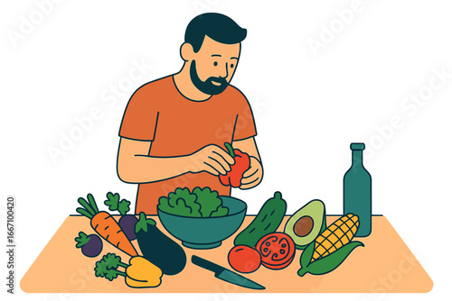 A man views a web-based culinary show where a blogger shares recipes for healthy meals, which can be prepared at home on weekends during quarantine or at leisure, as depicted in a vector cartoon
