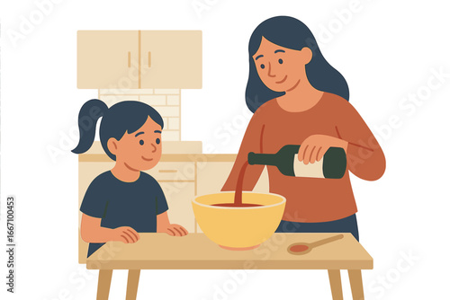 Vector illustration of a mother and daughter preparing pastry together in a cozy home kitchen, with the mother assisting her child in mixing dough and adding olive oil in a cartoon flat style graphic