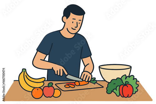 Cartoon illustration of young men preparing vegetarian food and salad at home using a double boiler steamer to cook vegetables