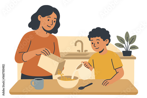 Mother and daughter wearing casual home attire and an apron, happily cook a nutritious breakfast together, representing a typical morning routine and quality family time