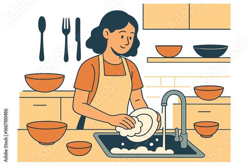 Cartoon illustration of a little girl standing on a stool washing dishes, a child character doing daily housework chores at home surrounded by bubbles and foliage design, helping her parents with