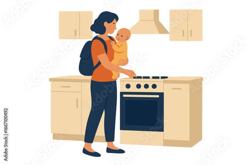 A housewife cooks on the kitchen stove while at home during quarantine, maintaining her housework routine and domestic working, emphasizing cleanliness and showcasing the kitchen interior, as she