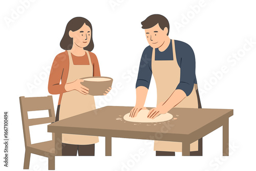 Illustration of cartoon siblings, a boy and girl, happily baking together at a kitchen counter with a rolling pin, creating homemade bakery treats in a fun cooking experience, depicted in a flat