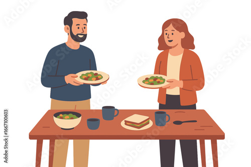 Cartoon flat vector illustration banner depicting a man and woman in chef uniforms and toques cooking in a kitchen, with a girl working with a mixer and a guy holding a chicken, set in a home