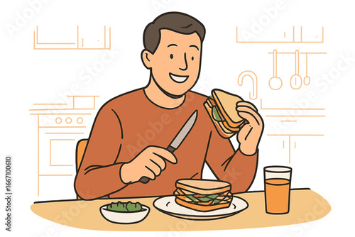 Flat vector illustration of a young thoughtful smiling pensive man boy character making toast and spreading butter on bread at home in the kitchen for breakfast lunch or dinner isolated on white