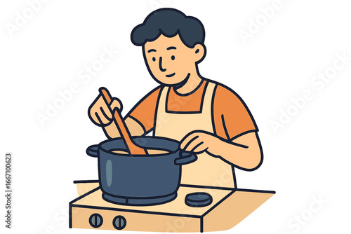 Home Cook Preparing Meal, Stirring Steaming Pot, Suitable for Culinary Blogs, Recipe Websites, Cooking Classes, Food Education, and Kitchen Safety Awareness