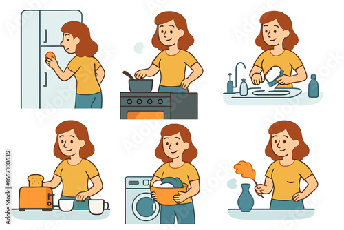 A housewife is isolated at home doing various domestic tasks including ironing, mopping, hoovering, cooking, laundry, and washing dishes as part of her household chores and housekeeping