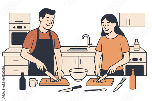 A man and woman are cooking meals together at home in a kitchen filled with kitchenware, floral decorations, and a table set with scales, eggs, and a bowl