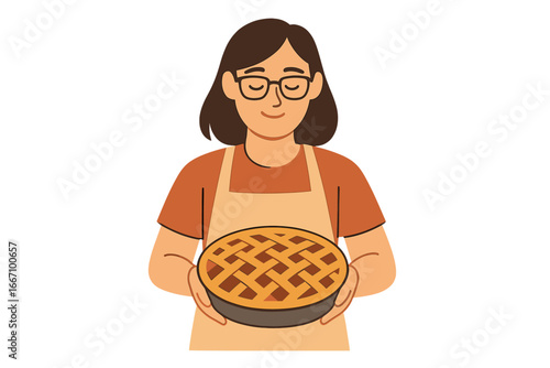 Talented elderly home cook, a skilled granny, making a fruit tart at home, depicted as a vector cartoon character with an apple pie