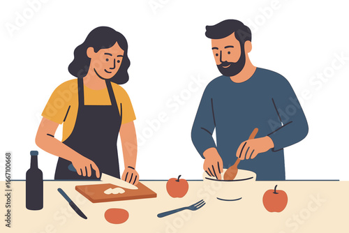 A vector couple cooks together, with the cartoon woman roasting potatoes on the stove and the man cutting vegetables as they prepare healthy food in their home kitchen