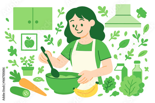 A stay at home awareness social media campaign and coronavirus prevention, featuring a female cooking healthy, set amidst a vector illustration of the COVID-19 epidemic