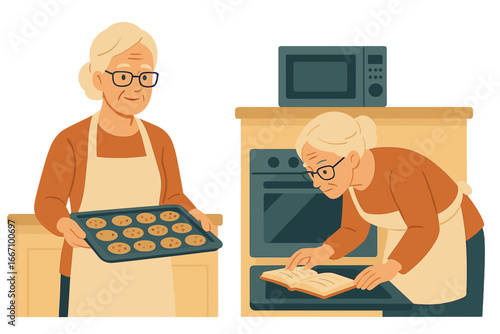 Vector cute illustrations of elderly grandparents, an old man and an old woman, are depicted at home in the kitchen cooking and outdoors feeding birds and cats