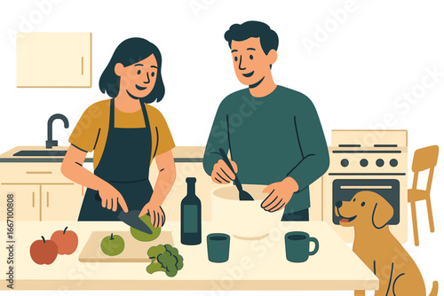 Illustration of a happy family, including parents and a child with their adorable pet, preparing dinner together in the kitchen on a white background, depicting a heartwarming scene of a mother