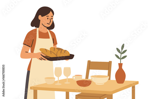 A cartoon vector illustration depicts a young Jewish girl serving bread during a Shabbat celebration at home, preparing a meal for the holy day in a traditional Judaism setting
