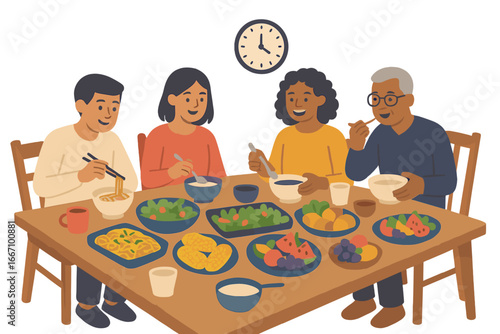 Chinese New Year holiday celebration at home in the evening with family festive reunion dinner at a table, fireworks visible outside the window, featuring vector food on plates and people's hands