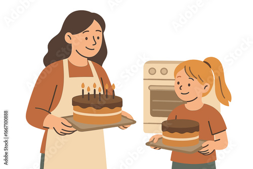 A mother and daughter are preparing a homemade bakery together in their own kitchen