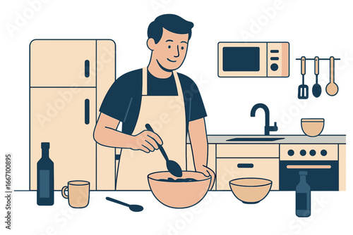 A male chef wearing an apron is standing in a kitchen, eating from a spoon while cooking spaghetti in a pan on the stove, with a kettle nearby and spices on a table