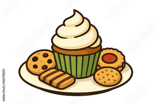 Illustration of a cupcake with a white cap on a white background, accompanied by a set of vibrantly colored muffins featuring layered fruit creams in a rainbow of bright hues