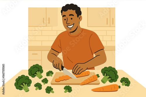 Cartoon cute little child chopping fresh tomato with knife on wooden board, young funny chef character cutting healthy vegetables for dinner or lunch in a home kitchen vector illustration of a boy