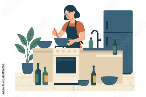 Cartoon girl stands in a kitchen inside a house, tasting soup from a boiling pot on the stove while engaging in the indoor leisure activity of cooking food at home, depicted in a vector illustration
