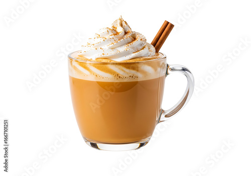 A clear glass mug filled with a warm, autumnal drink, topped with whipped cream and cinnamon sticks, stands out against a black background.